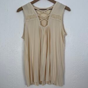 POL Lace Trim Crisscross Neckline Sleeveless Tank Top Flowy Boho Size Large